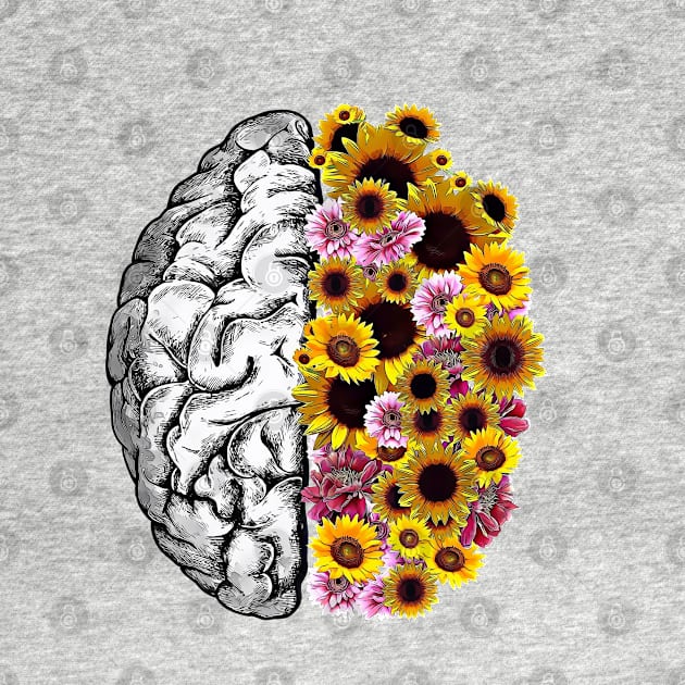 Brain and yellow daisies, Positivity, creativity, right hemisphere brain, health, Mental by Collagedream